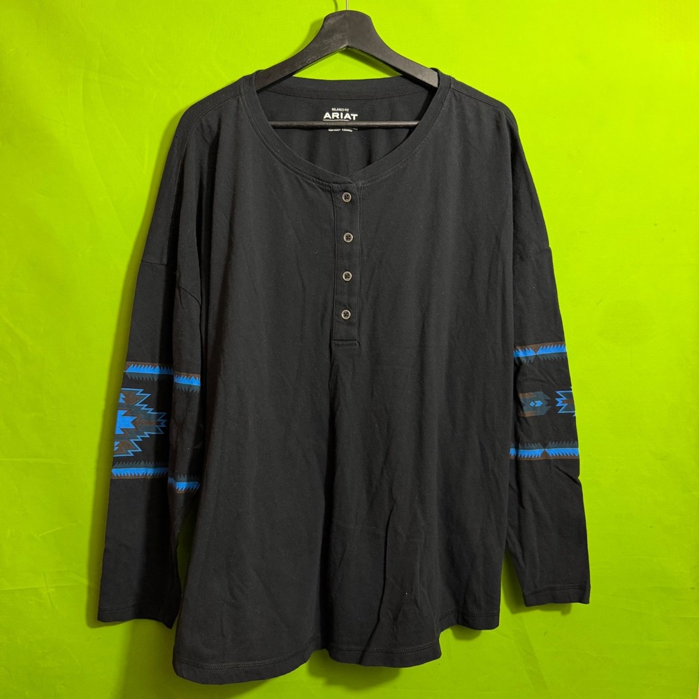 Ariat Mens 3X Black Relaxed Fit Henley Long Sleeve Southwestern Sleeve Shirt